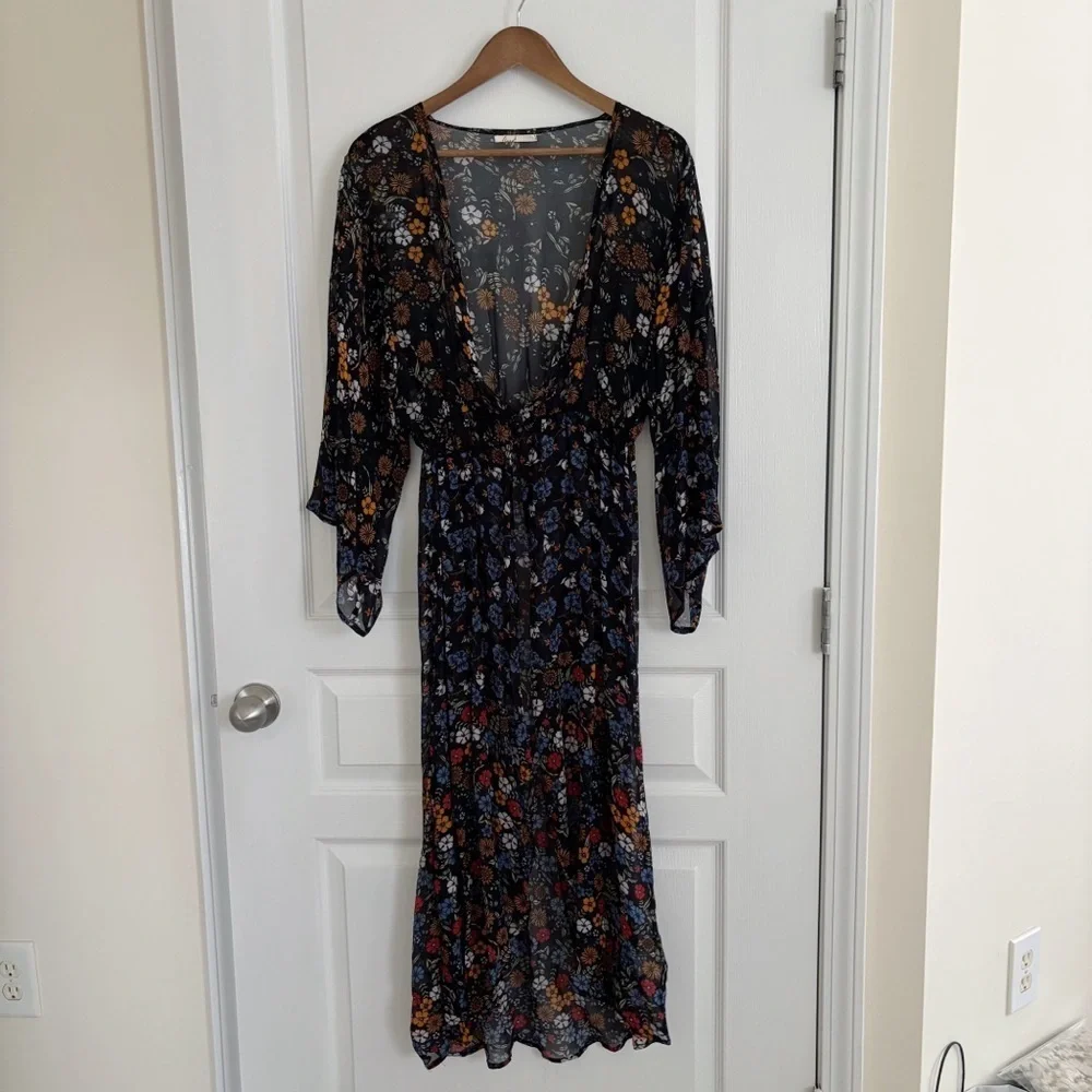 Floreat Black Floral Longline Kimono One Size Boho Anthropologie